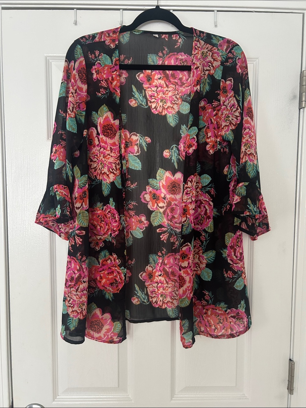 Floral Open-Front Kimono Top - Black with Pink Flowers, tags are removed.